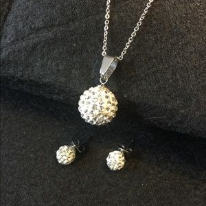 Silver Rhinestone Ball Necklace & Stud Earring Set